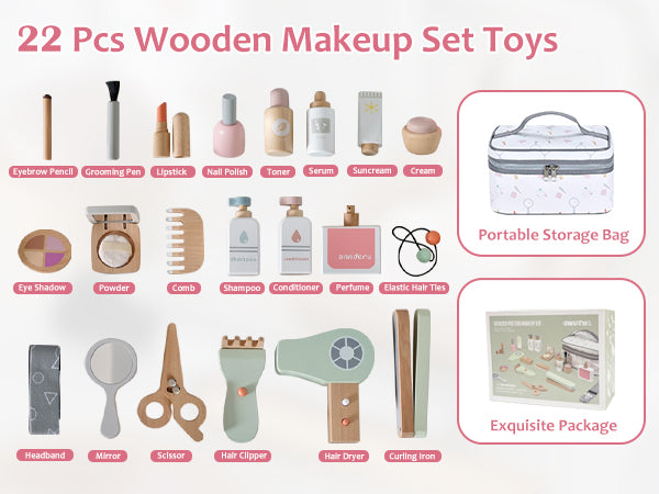 Smartwo Wooden Makeup Toy Set for Toddlers Pretend Play Game, Compact with Facial Care, Makeup and Hair Salon (22PCS)