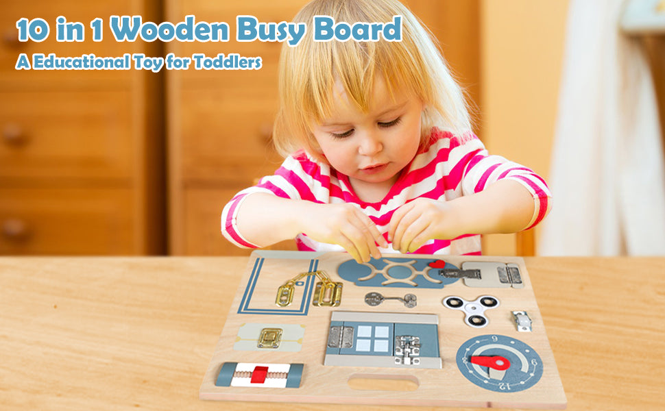 Educational Montessori Busy Board for Toddlers' Sensory Fidget Activities, Wood Toy to Develop Children's Fine Moto, Idea for Kids or Preschoolers Aged 2 to 5 Years Old