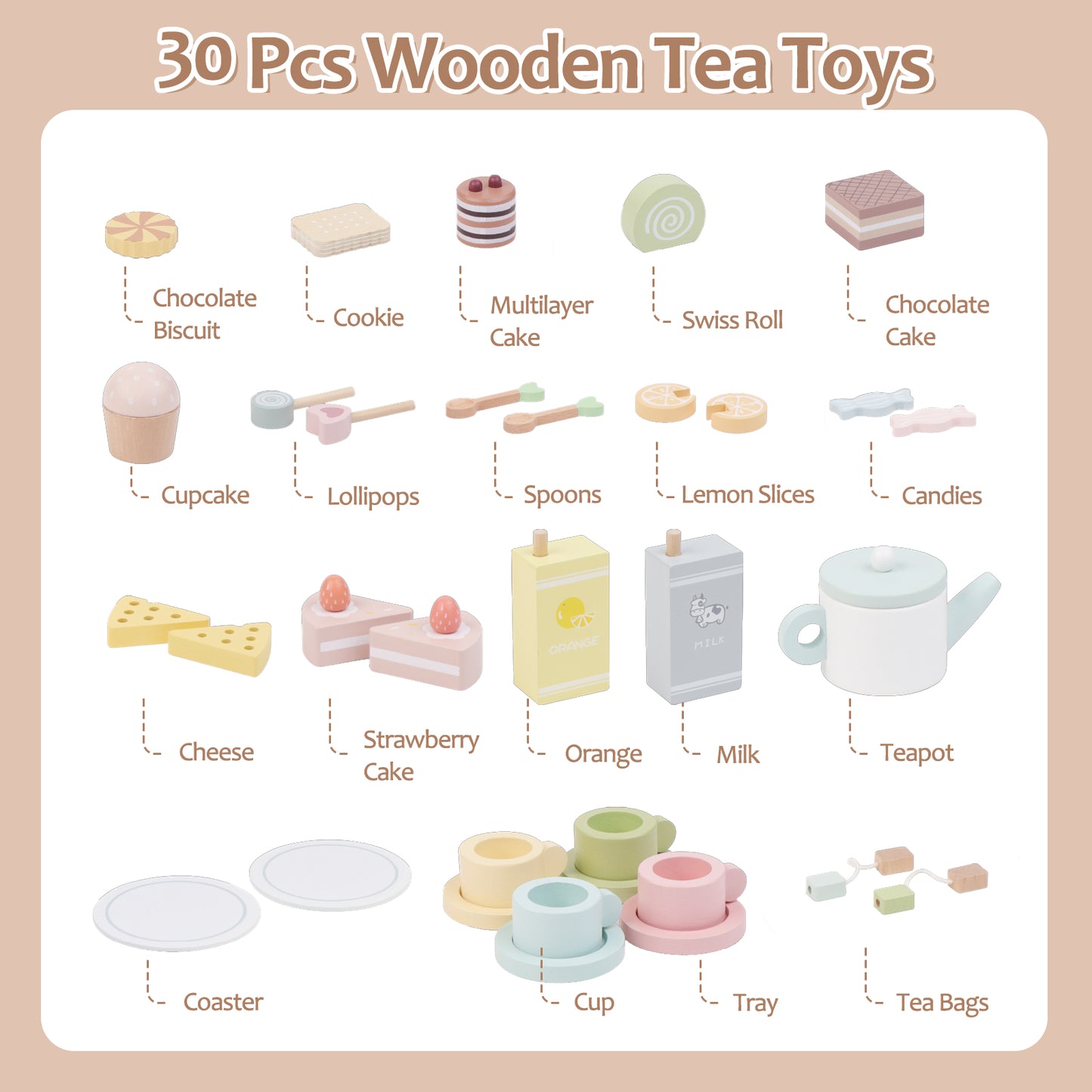 Smartwo Montessori Wooden Tea Set for Girls Pretend Play, Kitchen Accessories Food Toy to Develop Imagination and Social Communication (33PCS)