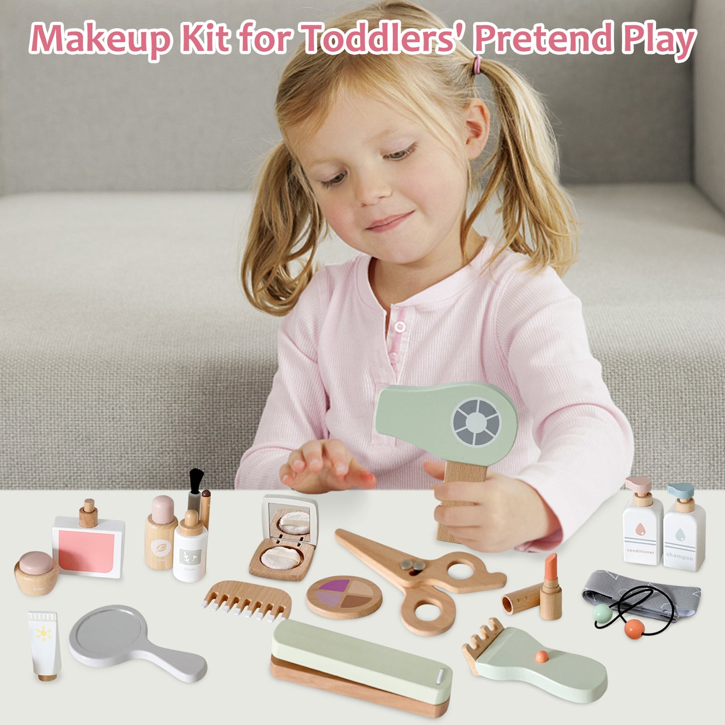 Smartwo Wooden Makeup Toy Set for Toddlers Pretend Play Game, Compact with Facial Care, Makeup and Hair Salon (22PCS)