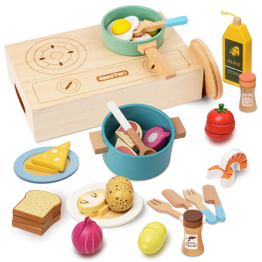 Smartwo Wooden Play Cooking Set, Kitchen Accessories Food Toy for Toddlers Pretend Play (27PCS)