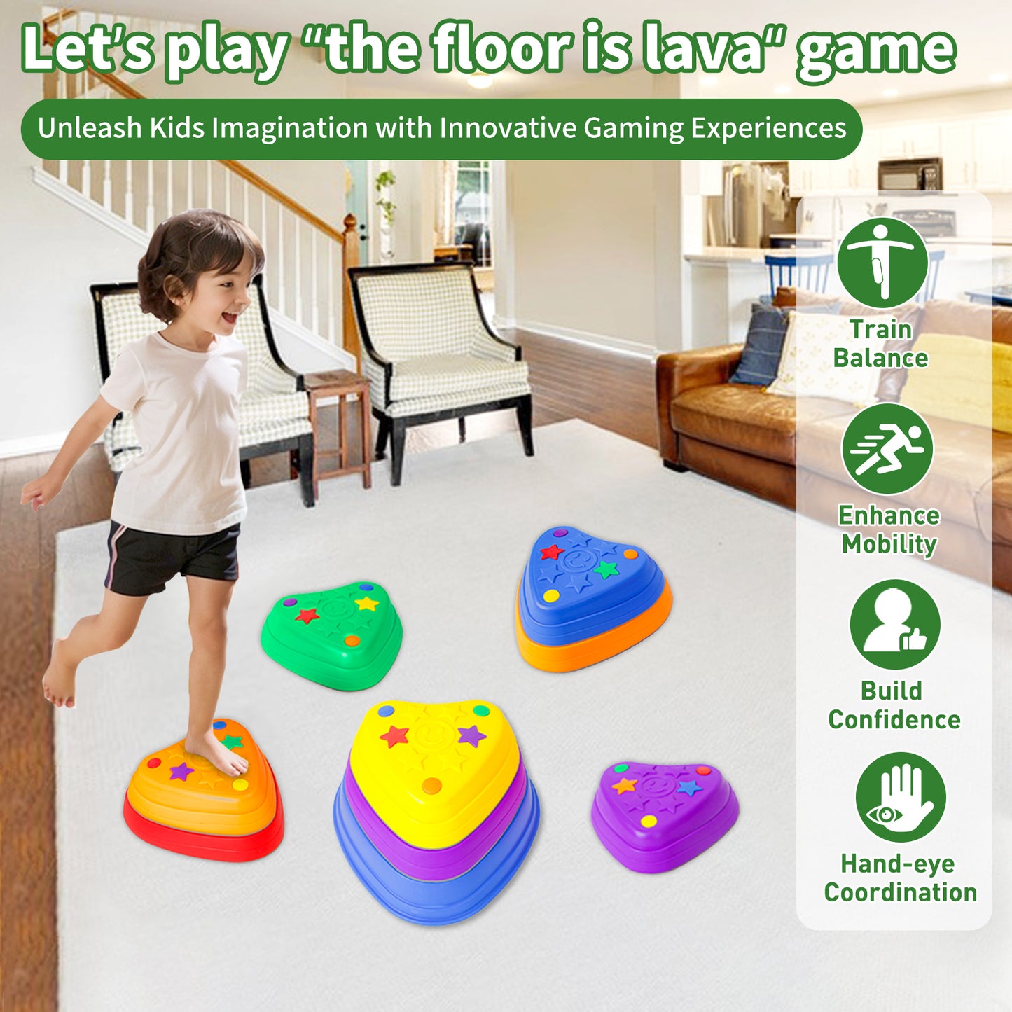 RORLAND 9pcs Balance Stepping Stone for Kids, Anti-Slip Rubber Stackable Blocks, Obstacle Course and Sensory Game for Children