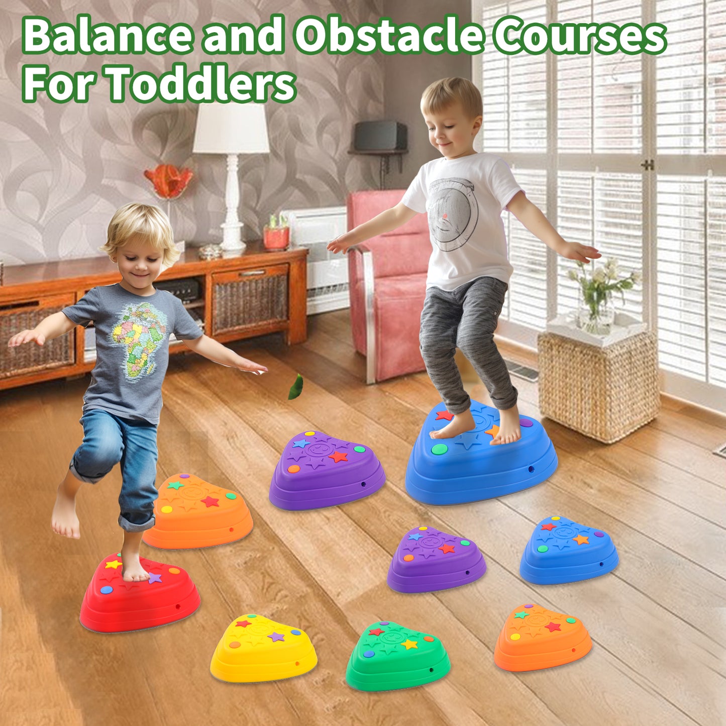 RORLAND 9pcs Balance Stepping Stone for Kids, Anti-Slip Rubber Stackable Blocks, Obstacle Course and Sensory Game for Children