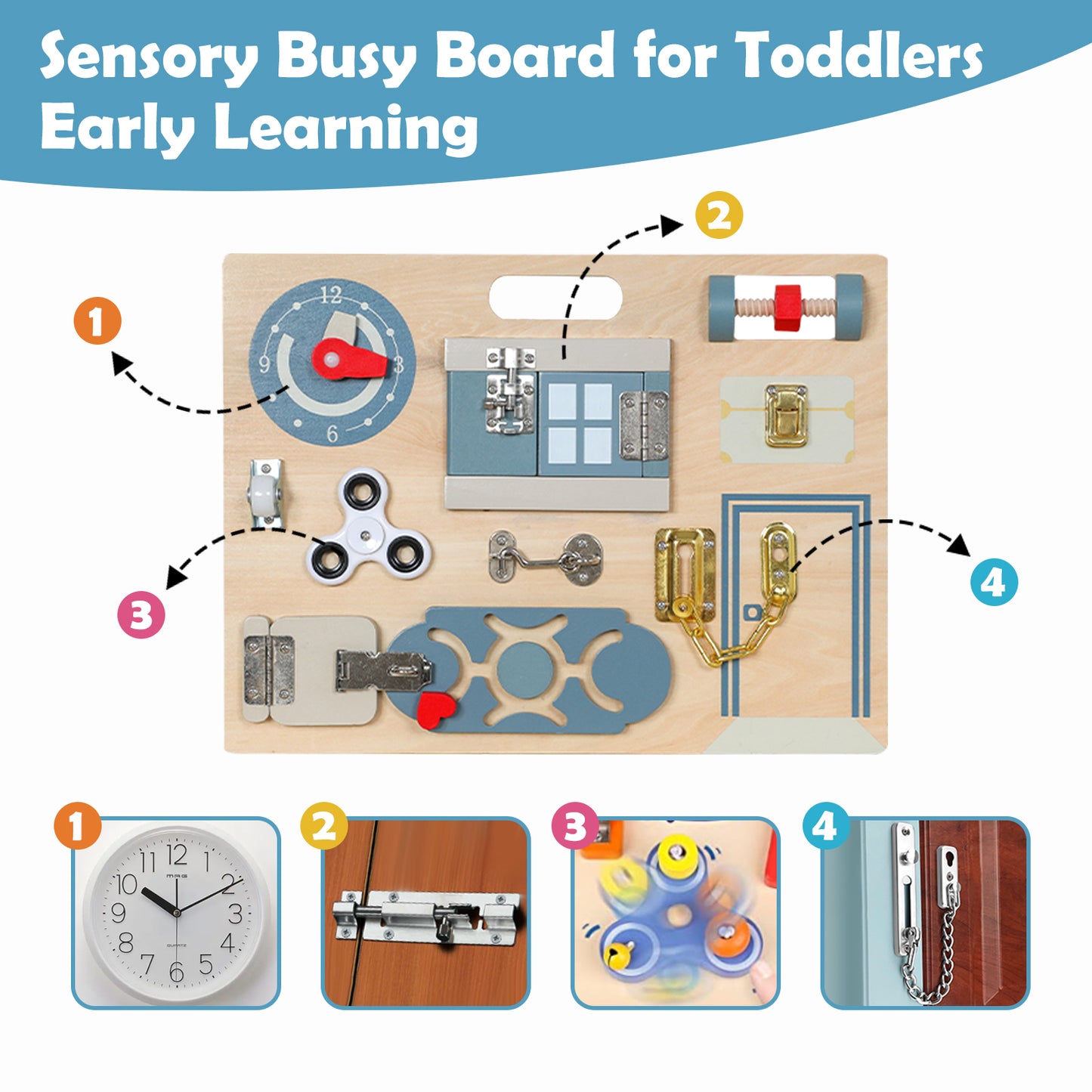 Educational Montessori Busy Board for Toddlers' Sensory Fidget Activities, Wood Toy to Develop Children's Fine Moto, Idea for Kids or Preschoolers Aged 2 to 5 Years Old