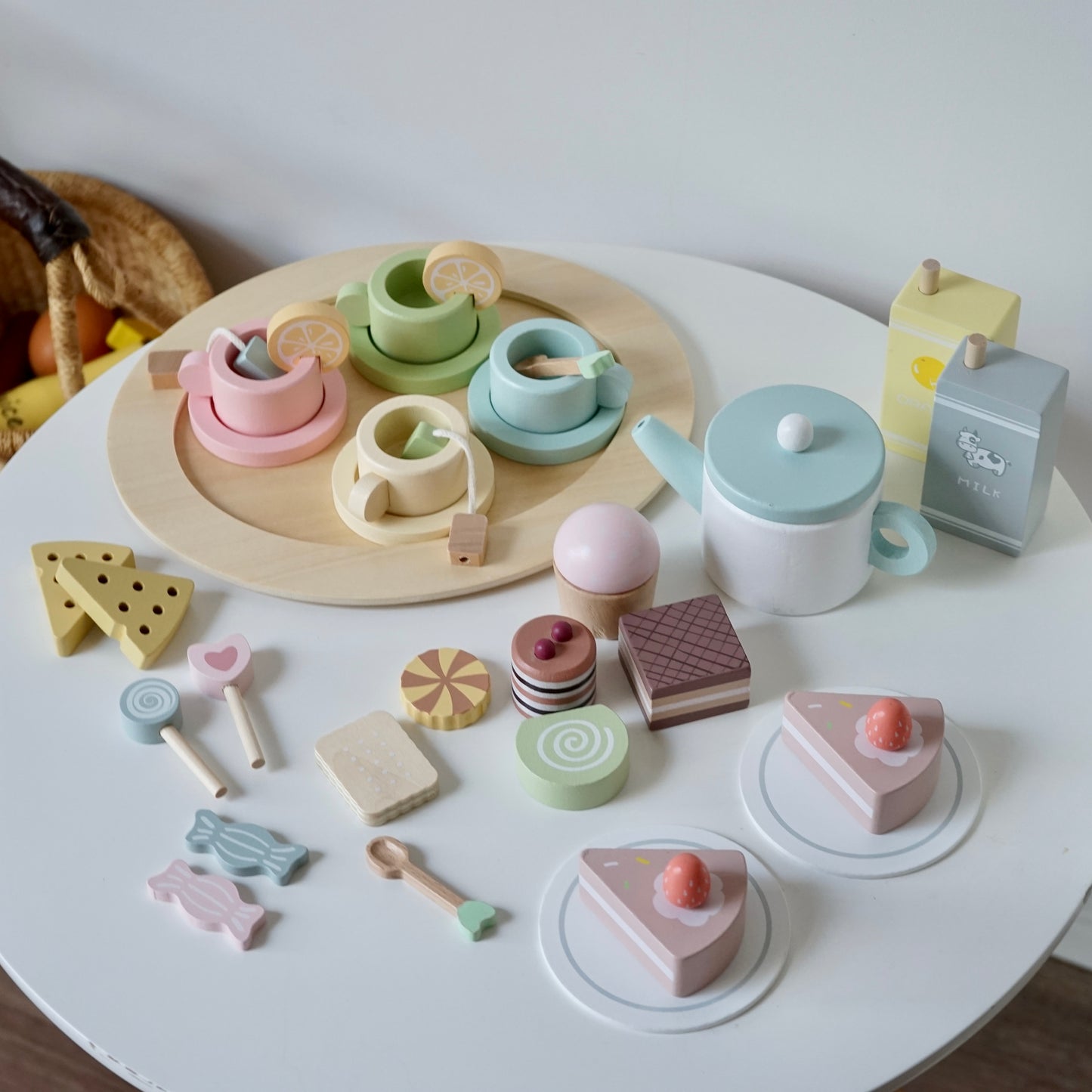 Smartwo Montessori Wooden Tea Set for Girls Pretend Play, Kitchen Accessories Food Toy to Develop Imagination and Social Communication (33PCS)