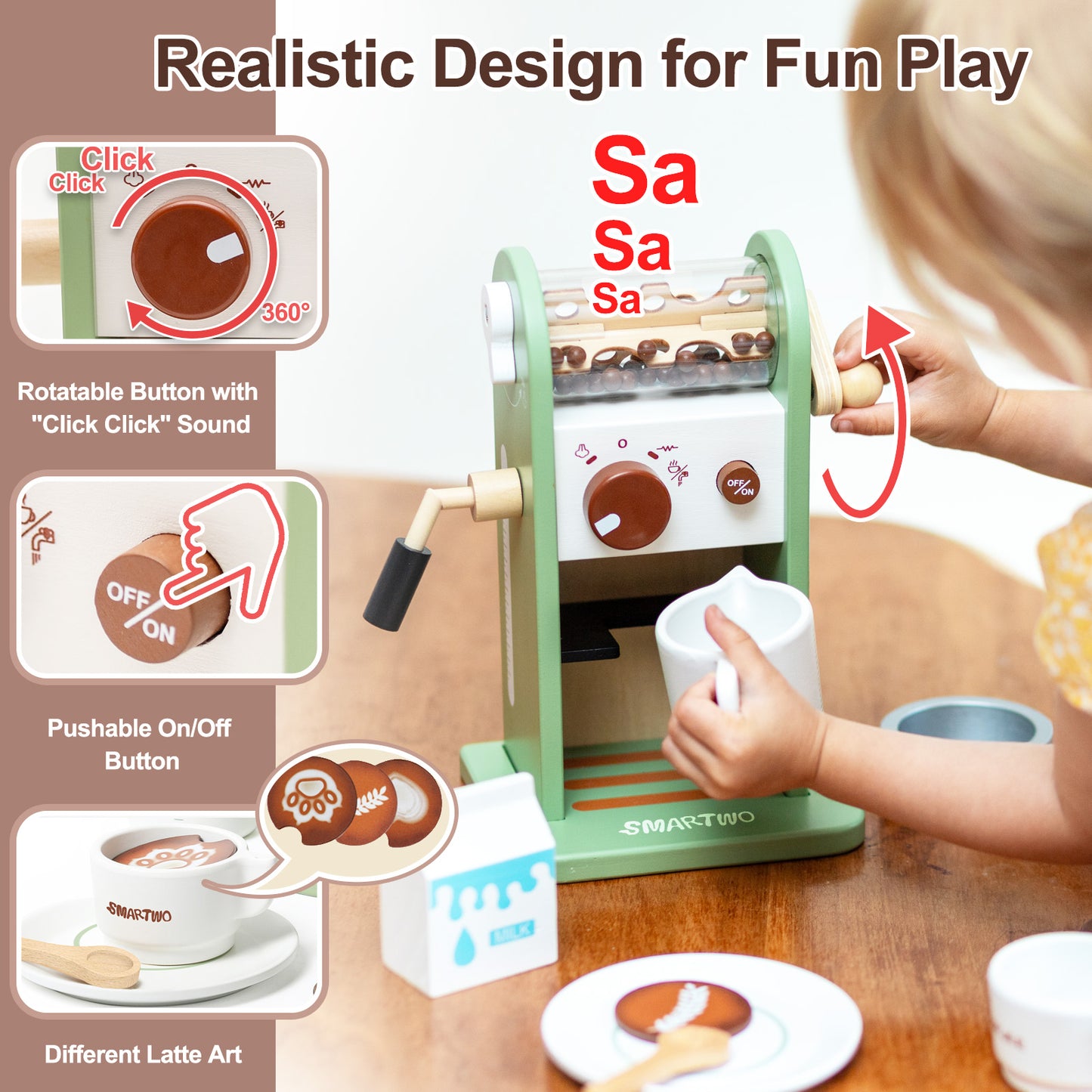 Smarto Wooden Coffee Maker Playset for Toddlers Pretend Game (17PCS Accessories)