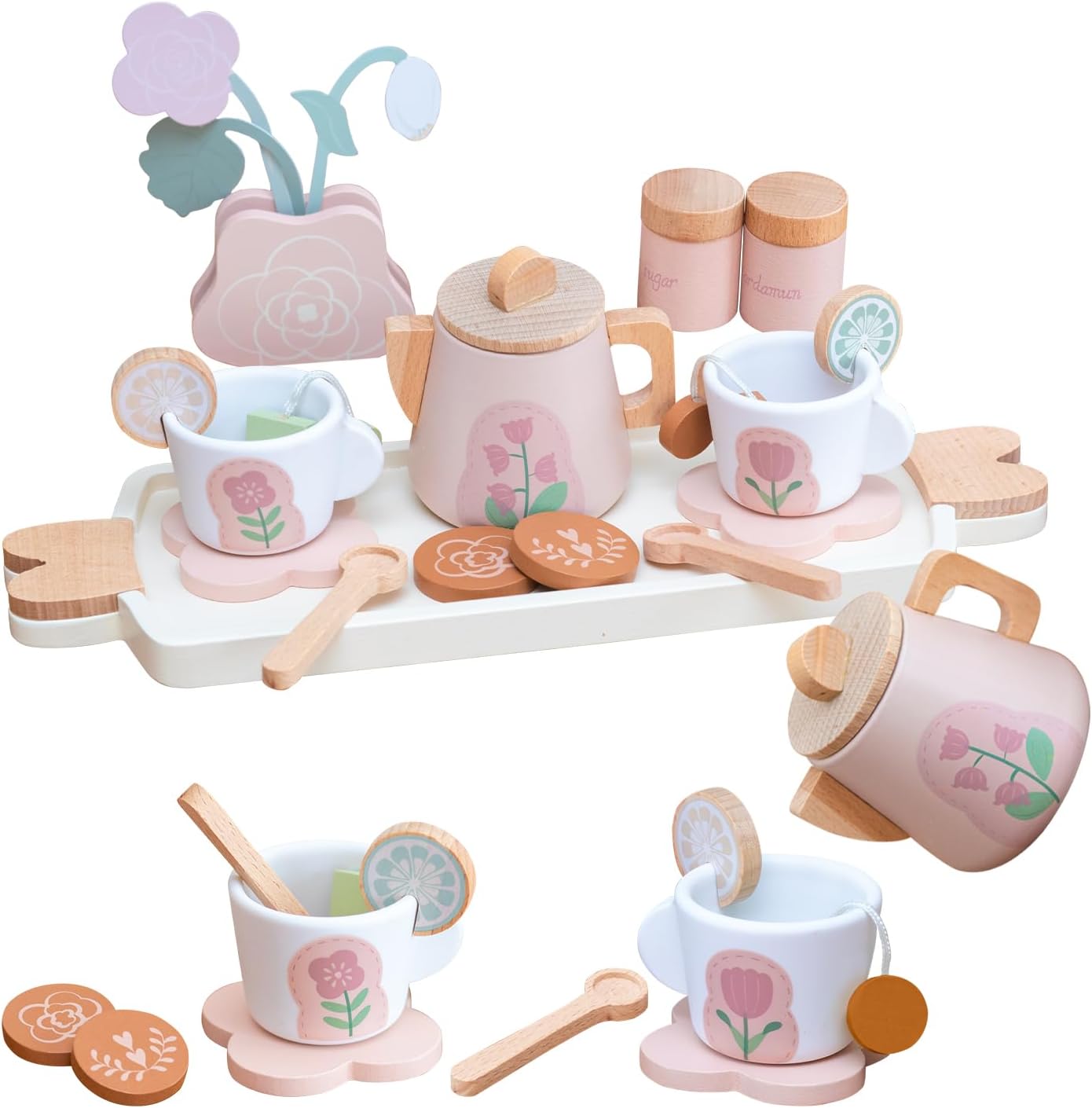 Smartwo Wooden Tea Set for Little Girls | Toddlers Pretend Play Toy | Improve Imagination and Social Skills