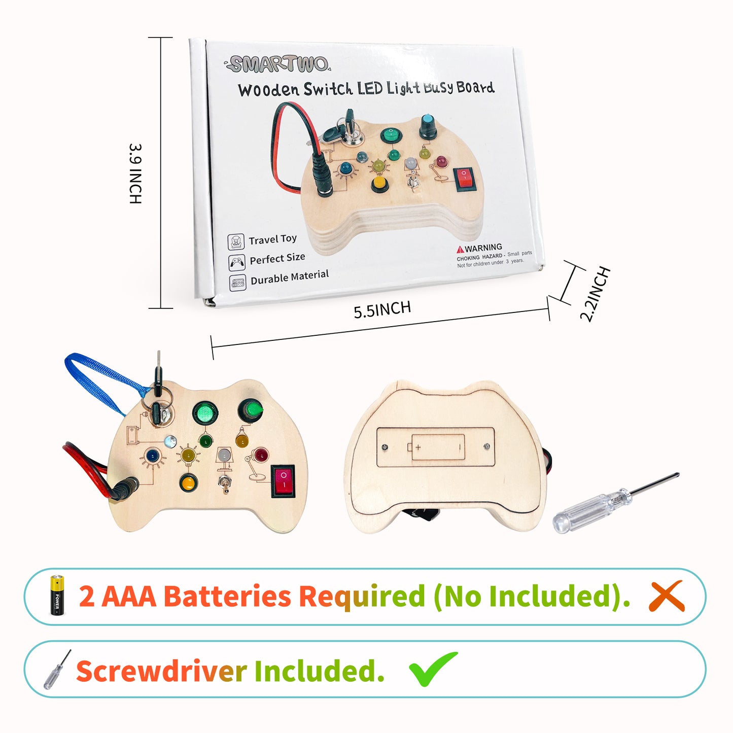 Led Switch Busy Board| Montessori Activities Wooden Sensory Toy for Preschool Educational Learning, Train Kid’s Fine Motor, Concentration, and Life Skill Abilities (Travel Size)