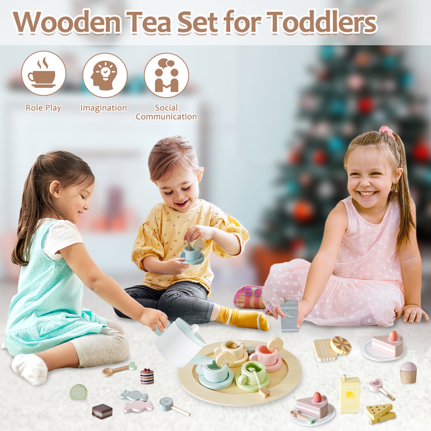 Smartwo Montessori Wooden Tea Set for Girls Pretend Play, Kitchen Accessories Food Toy to Develop Imagination and Social Communication (33PCS)