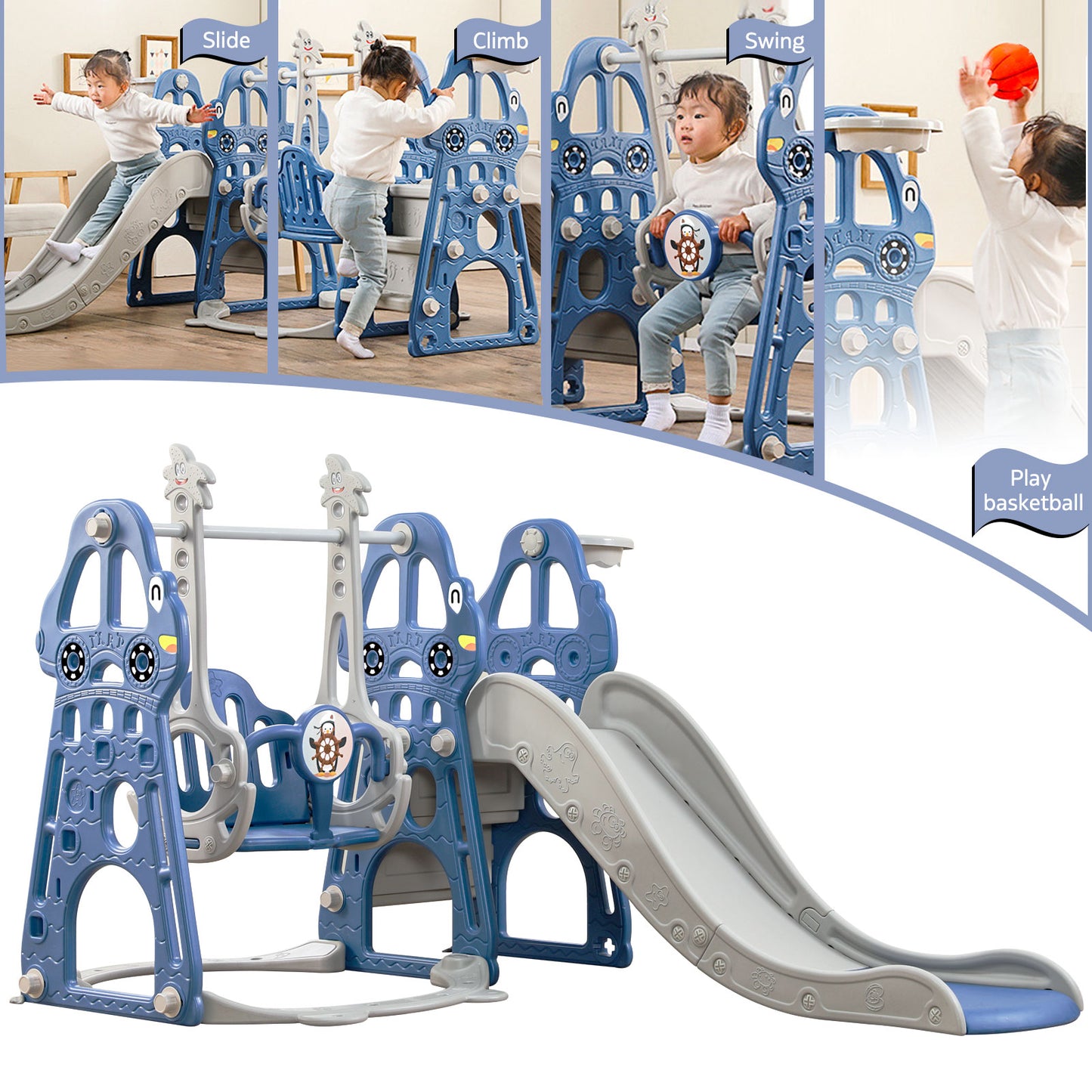 Slide and Swing Set for Kid's Indoor or Outdoor Play, Swing/Slide/Climber/Basketball Hoop are Included